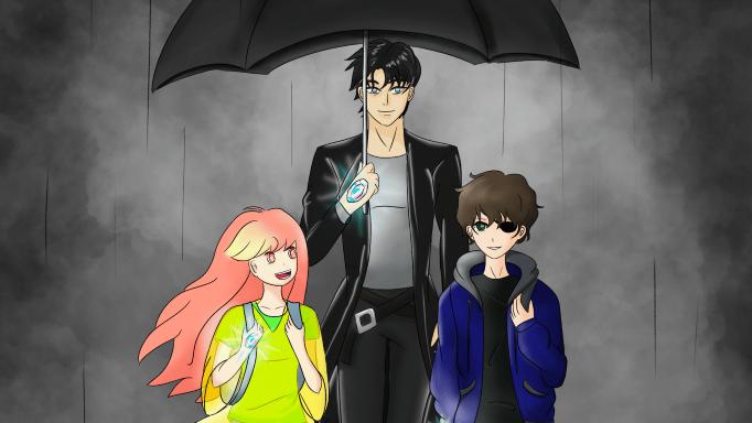 Title screen for “Lenguard”: three people standing in the rain with matching radiant Eon Stones (six-sided, glasslike gems) on their hands. Victor, tall and black-haired, holds a black umbrella; light blue eyes, long coat, shirt, pants, boots. Rela, to his right, chats brightly: peach-pink hair, yellow poncho, rain boots, gripping backpack straps. To Victor’s left, Lenguard—shorter, tousled, green-eyed, an eyepatch—wears a dark tee and navy jacket.